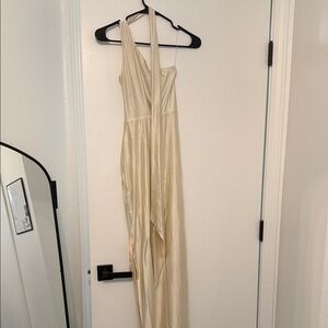 Oh Polly Cream One-Shoulder Satin Wrap Maxi Dress